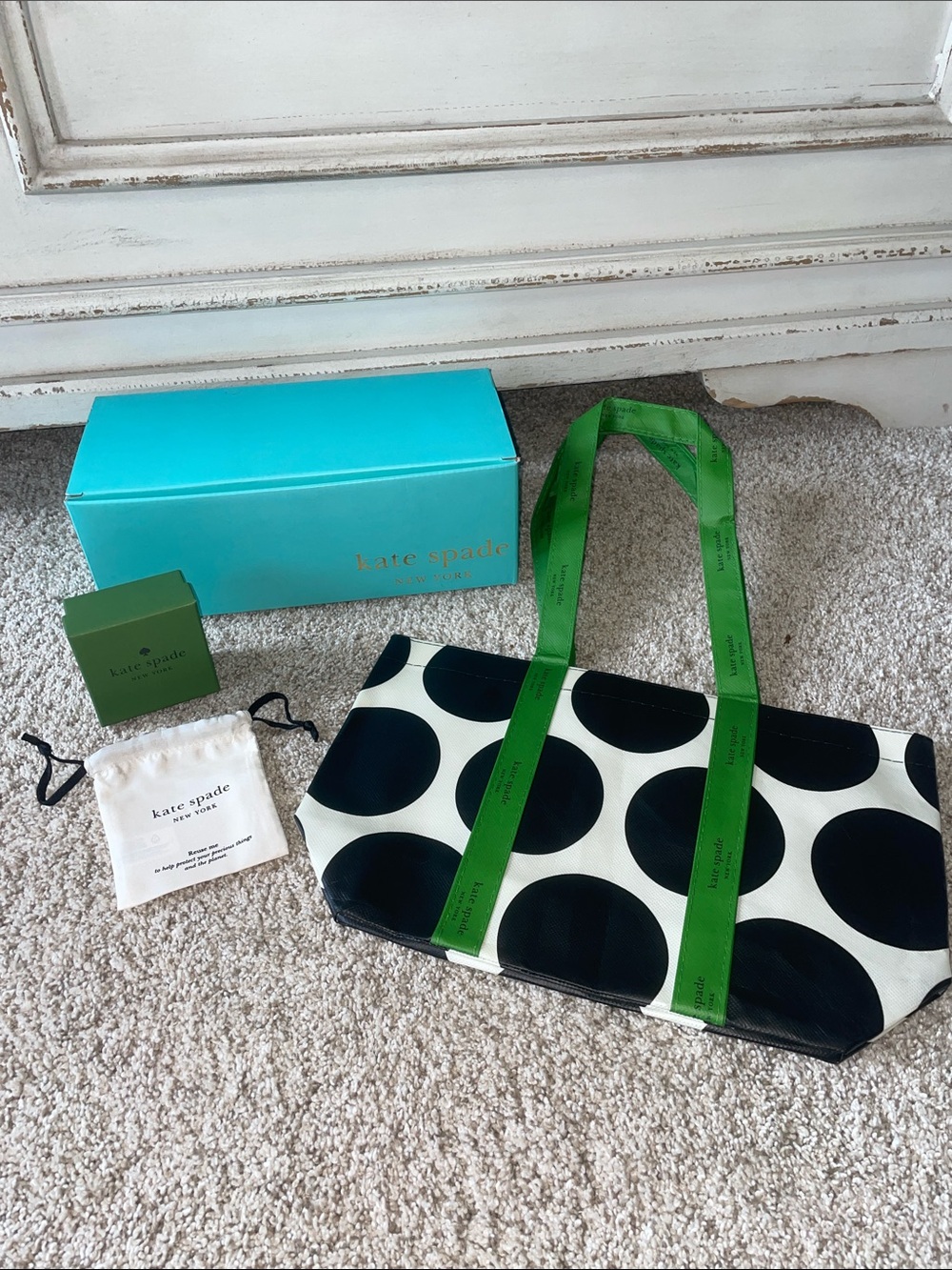 kate spade Blue Box with Green Gift Box and Branded Pouch, Black & White Bag